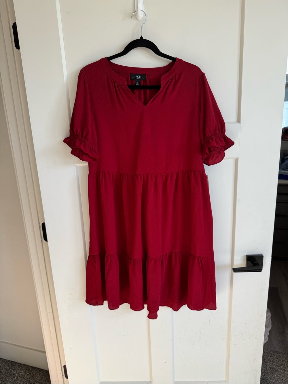 NWT AGB Dress Red Short Ruffle Sleeve Tiered Mini Dress- Color: Wine